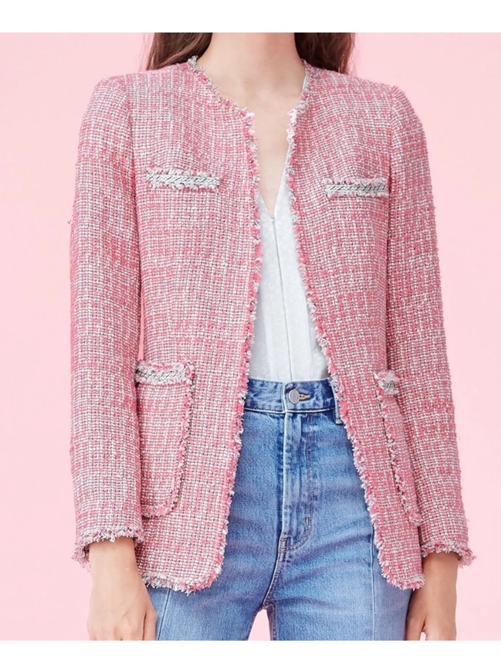 Rebecca Taylor Pink Tweed Fringe-Trim Jacket